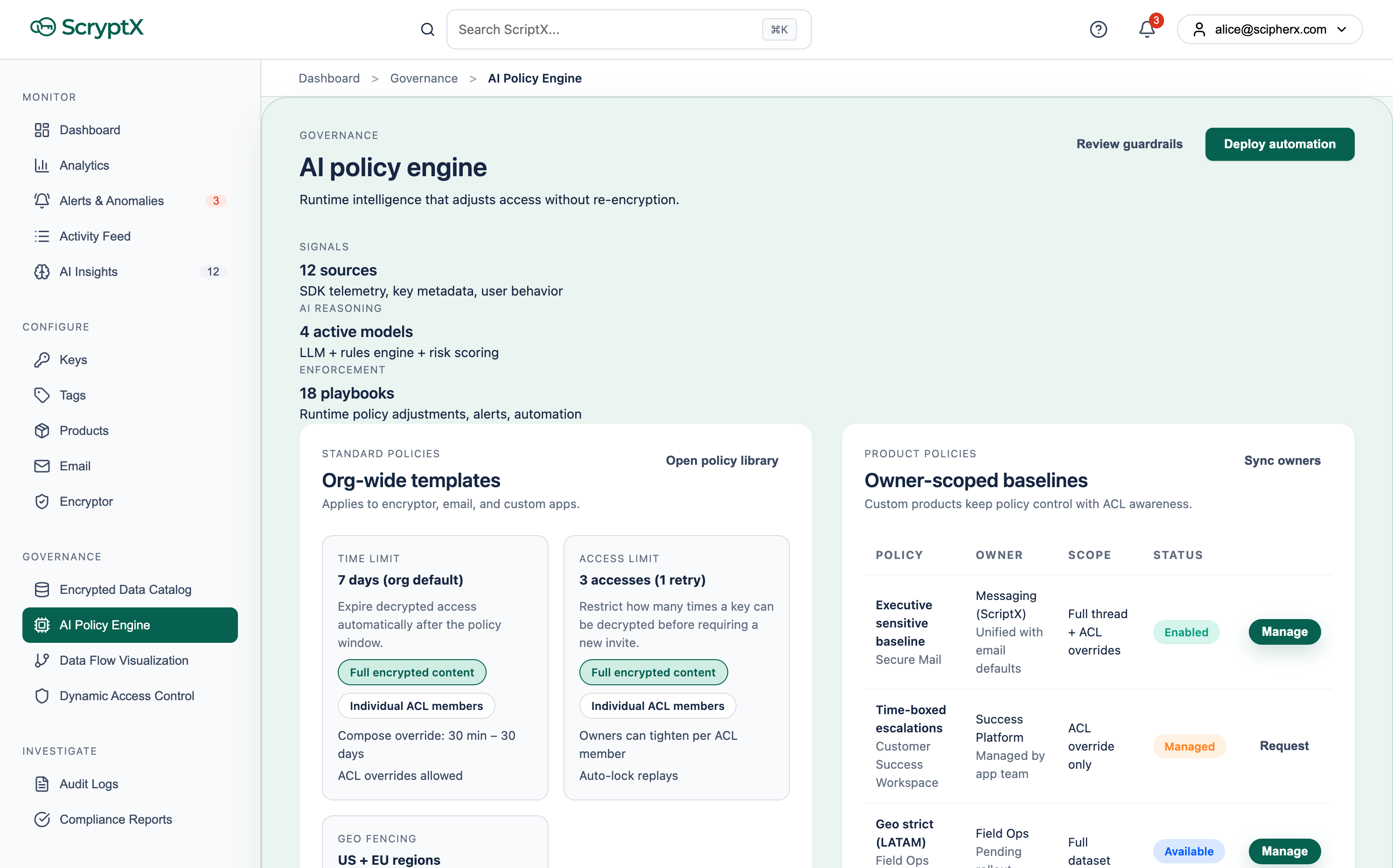 ScipherX SAIC AI Engine showing org-wide templates, geo-fencing, and policy playbooks